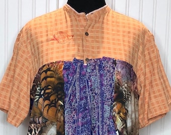 Womens orange check purple upcycled XXL tunic shirt cotton shirt purple blouse skirted two pockets half sleeve tunic plus size