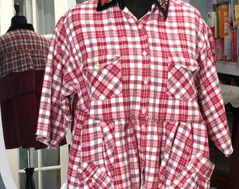 Upcycled Plaid Tunic Shirt: Red white Check, Boho quarter Sleeves, black velvet embroidered collar