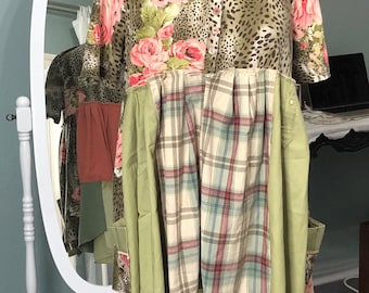 Womens tunic tee dress green orange pink roses on leopard print and plaid upcycled plus size boho chic one of a kind tunic pocket dress
