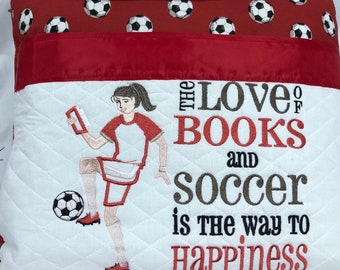Childrens pocket pillow embroidered girl soccer print cotton red fleece satin trim white quilted pocket girl gift pillow