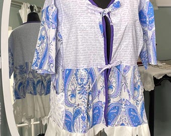 Womens paisley print cotton jacket purple tie front plus size handmade top blue purple print vintage embroidered linens peplum kimono sleeve