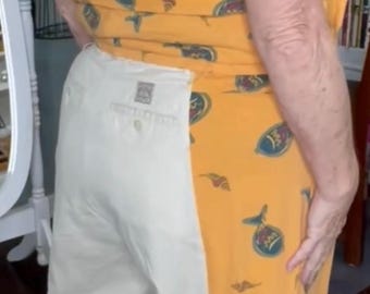 Upcycled Plus Size Dungarees: Cream Chinos with Orange Fish Print