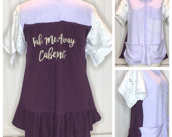 Womens purple M tunic wine take me away Cabernet back up-cycled tee pockets vintage linen embroidered angel sleeves upcycled