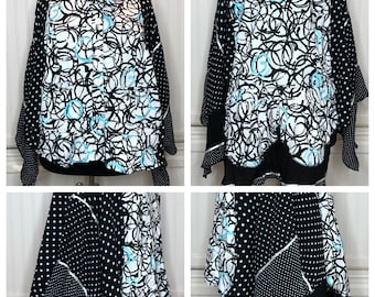 Women’s Aqua Black white cotton jacket upcycled plus size jacket kimono sleeve upcycled polka dot ribbon trim sides