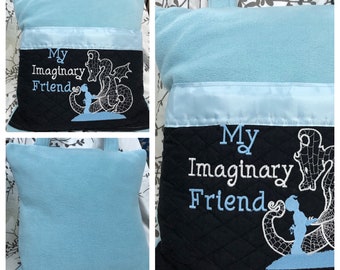 Pocket pillow pocket Imaginary friend boy  or girl pillow childrens reading pillow handle imaginary friend glow in the dark embroidery