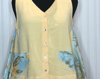 Womens yellow linen vest aqua tropical linen hanky sides two pocket XL upcycled vest boho summer light vest