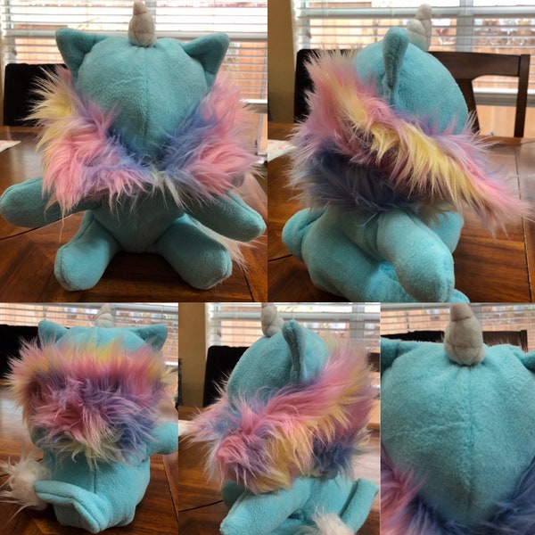 Caticorn blau mit RegenbogenFell Rüschen 10 Zoll kleines Stofftier Katze Einhorn blau keine Pille Fleece Regenbogen Rüschen Kragen Vintage Knopf