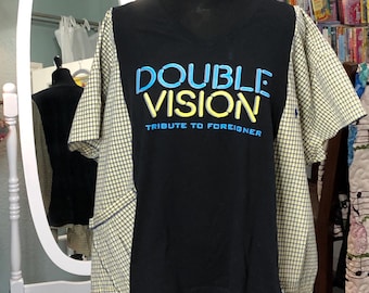 Womens upcycled cotton tunic;navy graphic double vision tee, plus size, boho chic, one of a kind, yellow check print cotton shirt