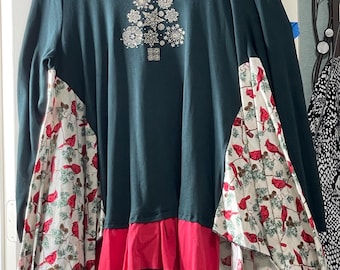 Upcycled Christmas Tunic: silver snowflake tree appliqué - Women's 2X, dark green, red ruffle,  cardinal print, A line