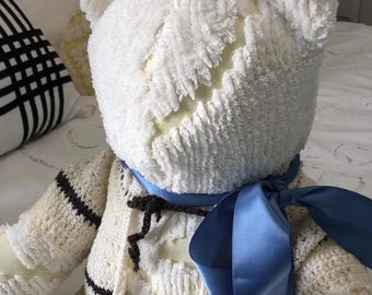 vintage chenille stuffed purple or yellow bear ribbon tie 12 inches tall huggable cuddle bear washable vintage chenille