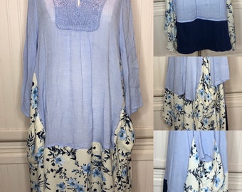 Womens light blue tunic dress blue flowered flowing skirt free size XL long dress