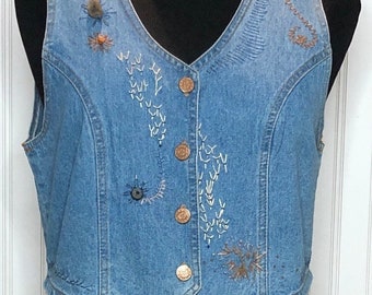 Womens L embroidered denim duster vest up cycled plaid skirt gathered tiers hand embroidered flowers soft plaid skirt