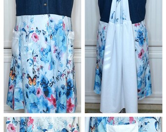 Womens XL denim duster vest up cycled butterfly white blue skirt gathered panels white back inset panel blue flowers butterfly on white