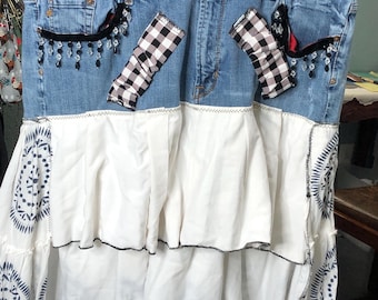 Upcycled denim skirt; black white ruffled, checked trim, plus size