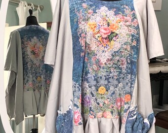 Womens upcycled tee shirt tunic blue Pink white flowered gray kimono sleeves free size 3X light weight pop over top upcycled