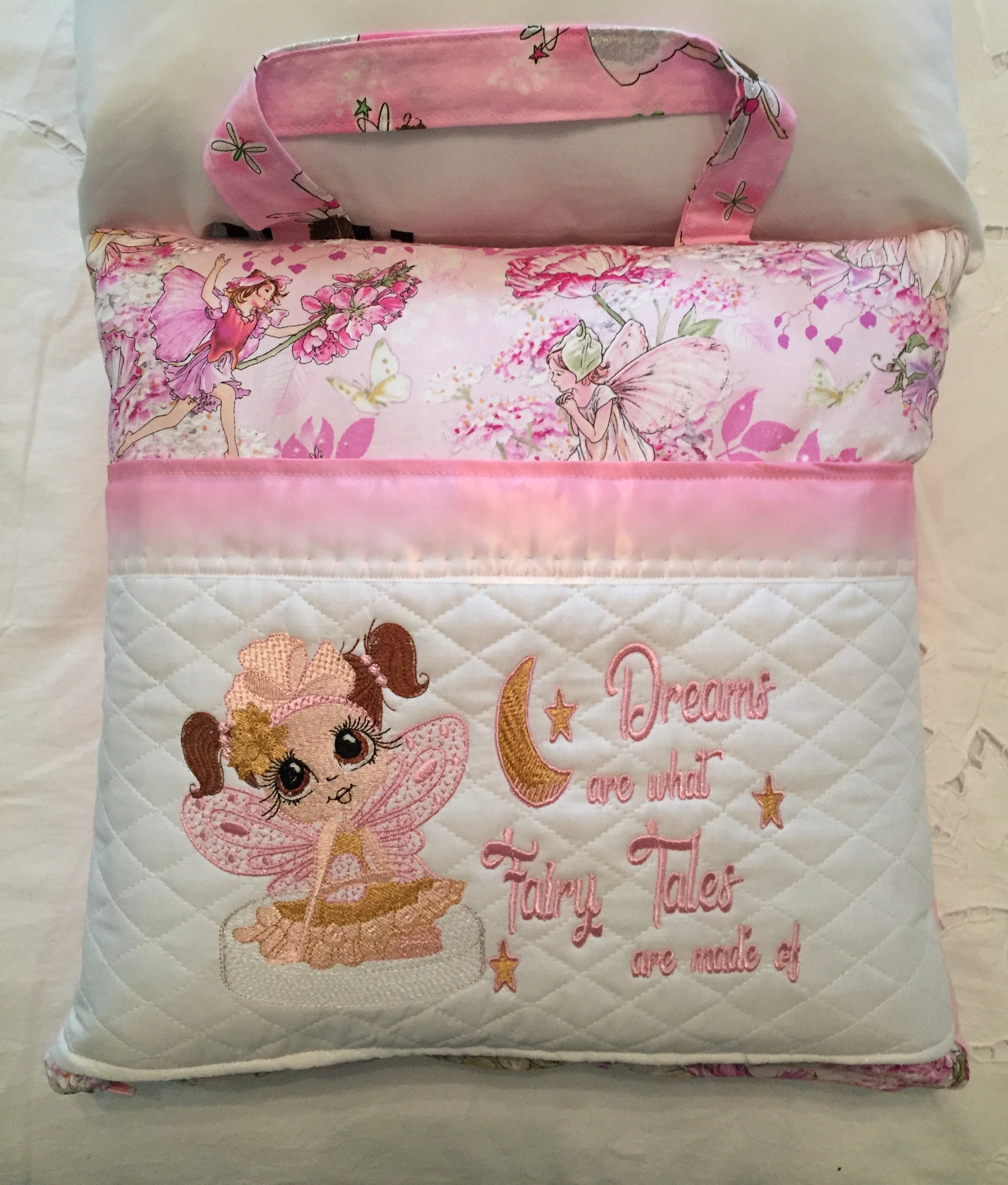 Pocket pillow reading pink child reading pillow pink fairy fabric zip close pink satin trim pink ...