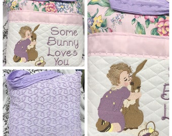 Childrens pocket pillow embroidered Bunny rabbit flower print cotton vintage purple chenille satin trim quilted pocket baby gift