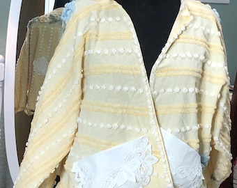 Womens Vintage chenille kimono jacket yellow flowered handmade plus size crop style