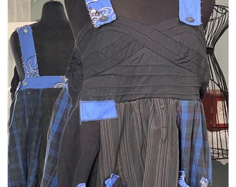 Womens babydoll dungaree dress black blue upcycled shirt dress plus size summer pop over top blue denim black gray stripe cotton shirt hem