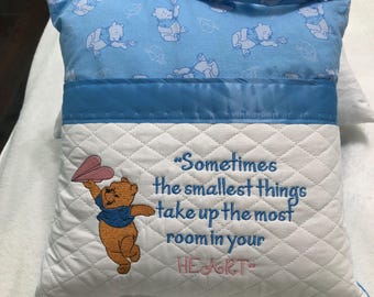 Pocket pillow child’s pillow embroidered bear holding heart with quote zip close satin trim blue bear cotton print soft blue flannel