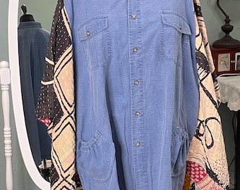 women’s blue denim shirt cotton kantha quilt kimono sleeved black cream patchwork cotton plus size upcycle boho light jacket long kimono
