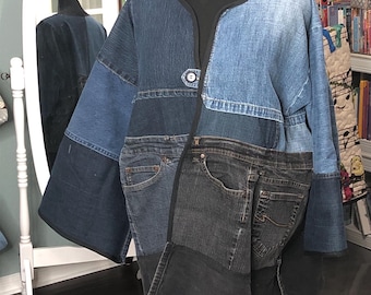 Upcycled denim bog coat: patchwork black blue jacket, handmade, many pockets, black trim, kimono sleeves