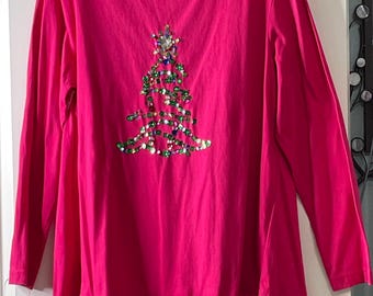 Upcycled Christmas Tunic: sequin tree appliqué - Women's XL, pink, white, ruffle,  A line