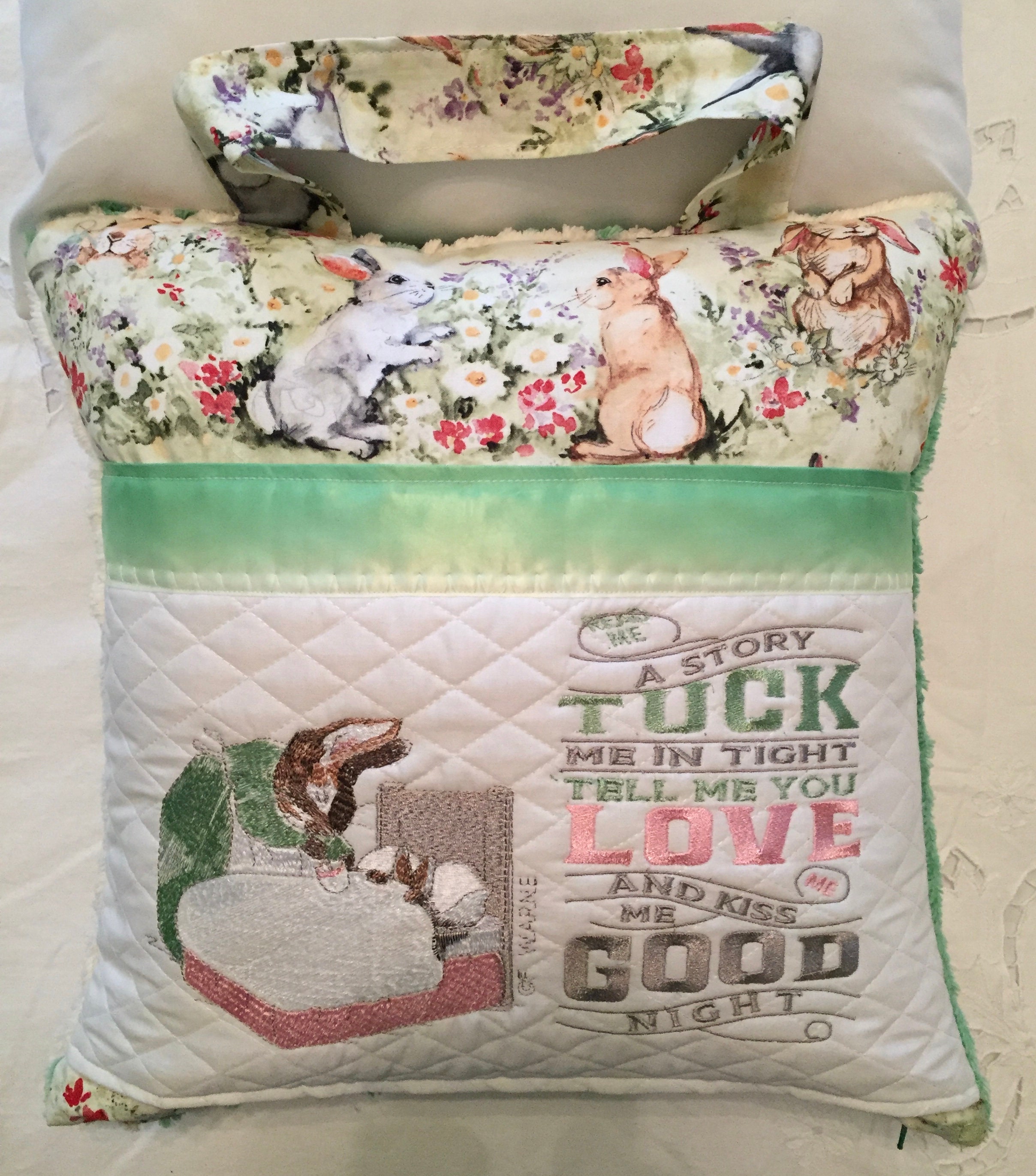 Pocket pillow embroidered bunny pillow child reading pillow zip close