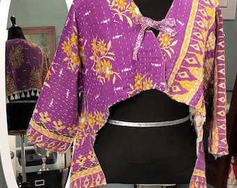 Women’s shrug jacket handmade kantha cotton quilted short jacket reversible easy fit fringe trim tie front free size