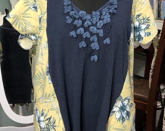Womens upcycled navy yellow tunic; petal trimmed cotton tee, plus size, boho chic, one of a kind, Hawaiian cotton shirt palm print