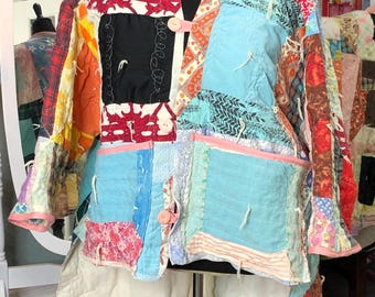 Upcycled vintage Quilt kimono jacket: aqua blue green, brown, Plus Size, large pockets
