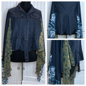 Womens upcycled light weight denim blue jacket butterfly wing kimono sleeve whimsical blue white yellow print jacket snap front one size image 1