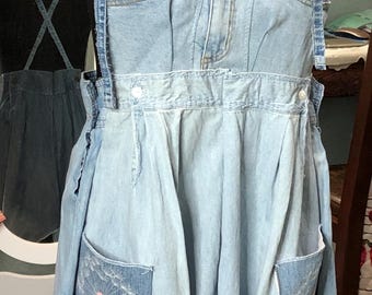 Upcycled Denim Dungaree Dress: blue, shirt sleeve scalloped skirt, embroidered Pocket dress, Plus Size