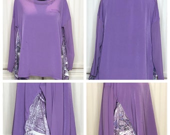 Women’s purple tunic long sheer sleeves abstract print hanky hem sides two pocket tunic upcycled purple top long flowing tunic XL tunic