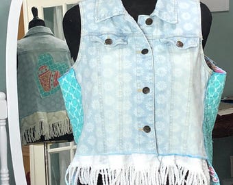 Upcycled Quilted Denim Vest: Women's plus size, boho chic, button front, chenille fringe, aqua white