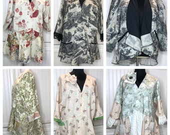 Womens kimonos choice select toile vintage easy fit One Size cream peach black green patchwork multiple lengths handmade cotton upcycled
