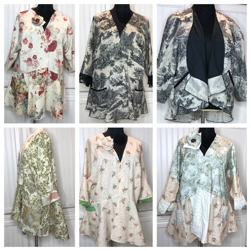 Womens kimonos choice select shops toile vintage easy fit One Size cream peach black green patchwork multiple lengths handmade cotton upcycled