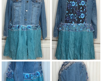 Womens denim Duster jacket upcycled embroidered mesh panels upcycled embroidered flowers on aqua blue mesh aqua crinkle skirted duster