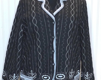 Embroidered Black Duster Jacket: Upcycled Silver Flowered Tulle Skirt