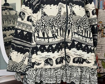 Plus Size Upcycled Jacket: Black & White giraffe, zebra, elephant, Knit, cape sleeve