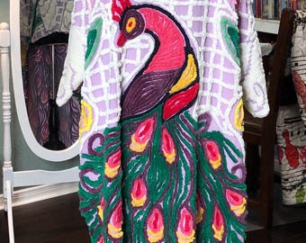 Upcycled Chenille Kimono Jacket: Vintage Peacock Design, Plus Size