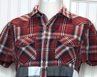 Womens black white red Check upcycled S M rodeo shirt cotton shirt four pockets half sleeve snap front double tulip back skirt top