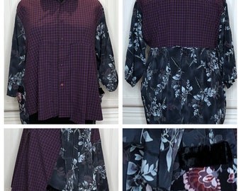 Womens Dark purple black Check upcycled XXL tunic shirt cotton shirt black gray flower skirted two pockets kimono sleeve