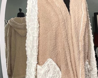 women’s hooded jacket handmade soft beige jacket white vintage chenille sleeve pocket plus size shirt jacket upcycled chenille washable