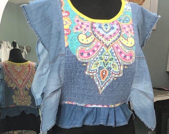Women’s quilted pop over side tie vest blue denim ruffles side ties OS fits most upcycled quilted cotton paisley blue orange yellow