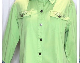Women’s lime green upcycled duster jacket denim blue green flowered cotton ruffled hem blue vintage lace XL denim pockets blue gingham trim