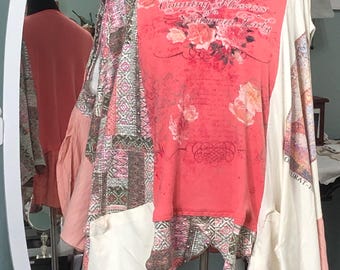 Womens orange peach taupe cream plus size tunic rhinestone flowered Paris graphic tee up-cycled tee pocket sleeveless