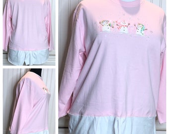 Womens Pink white embroidered snowman sweatshirt upcycled altered couture XL sweatshirt embroidered snowmen white ruffle hem
