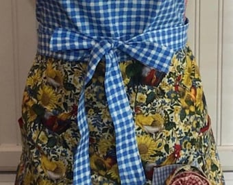 Apron kit Women's full rooster chicken theme sunflower blue yellow ruffled cotton shabby chic rooster print bodice gingham ruffled apron