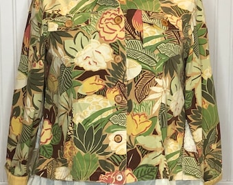 Women’s upcycled denim flowered green gold jacket vintage embroidered ecru lace ruffled lace button on cape plus size jungle colors OOAK
